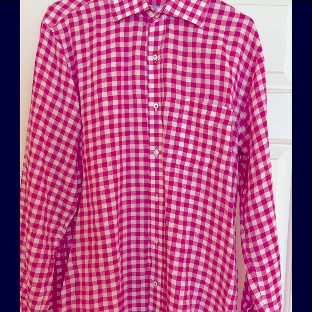 Men’s J Mclaughlin linen magenta/white check shirt